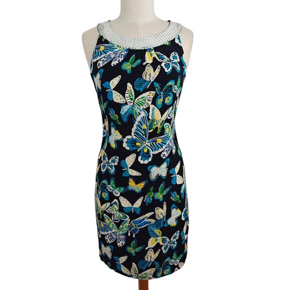 Tory Burch Silk Butterfly Print Dress Size 4 Sequin Neckline Lined Sleeveless - Picture 2 of 10